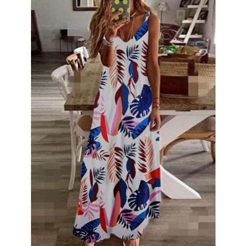 2021 Summer Women Sexy Deep V-neck Long Dress Sleeveless Floral Print Dresses Ladies Elegant Casual Loose Sling Beach Vestidos