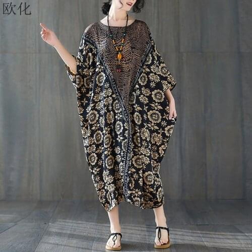 Plus Size 4XL 5XL 6XL 7XL Summer Dress For Women Vintage Floral Print Boho Maxi Dress Batwing Silk Satin Dress Sundress 2020 New