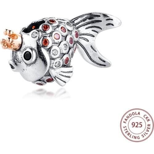 100% Real 925 Sterling Silver Gold Fish with 14K Gold Crown Charms Beads Fits Women Bracelets DIY Jewelry Making