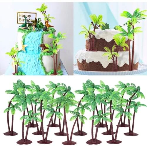 5pcs Green Coconut Tree Cake Topper Plastic Plant Ornament For Tropical Summer Hawaiian Beach Birthday Party Cake Decor Tools