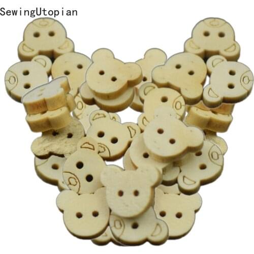 50PCS Natural Color Wooden Buttons Handmade Wood Button Craft DIY 2 Holes Cartoons Bear Pattern Wood Sewing Buttons Scrapbooking