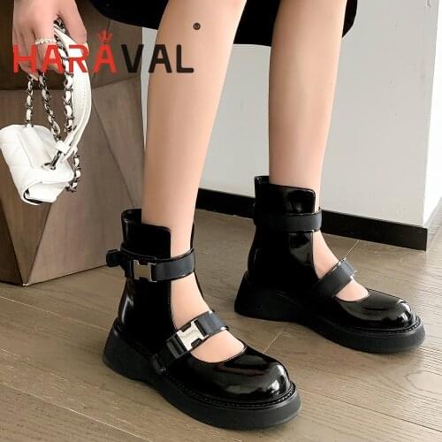 HARAVAL Women Ankle Boots Round Toe Round Toe Martin Boots Black White Spring Autumn Elegant Solid Adult Buckle Strap E333L