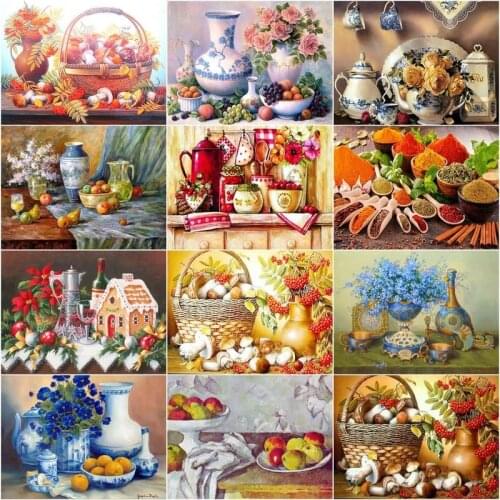 CHENISTORY Full Square Diamond Embroidery Flower Vase Fruit Wall Decor Diamond Painting Crystal Mosaic Still Life Picture Of Rhi