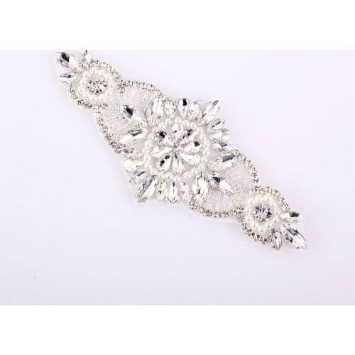 Cusack Rose Red Clear Peals Crystal Rhinestone Applique for Headband Wedding Dress Belts Hat Iron On 1 piece 14 cm*6.2 cm