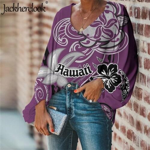 Jackherelook Casual Loose Shirts for Girls Hawaii Hibiscus Polynesian Tribal Print Ladies Lantern Sleeve Tops Blouse Plus Size