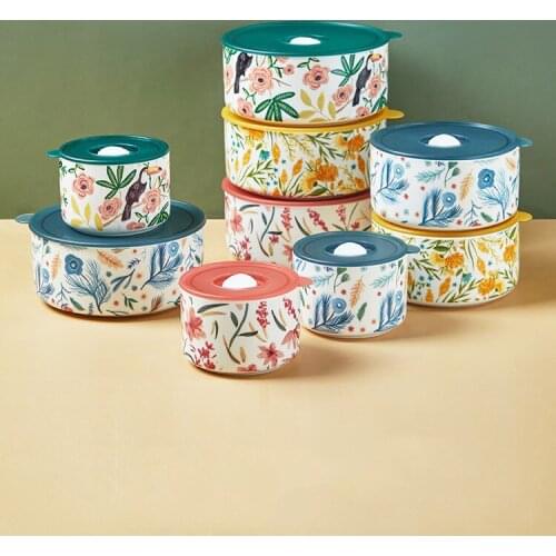 Ceramic Lunch Box Microwave Bento Heating Refrigerated Sealed Leakproof Food Container Storage Transparent Lid Round Box