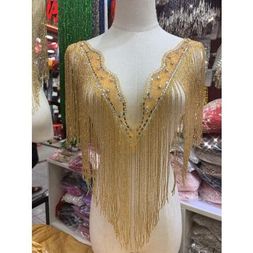 Gold Fully Handmade Beaded Fringe necklace handmade lace tassle trim for wedding bridal gown dress/party SGTM95