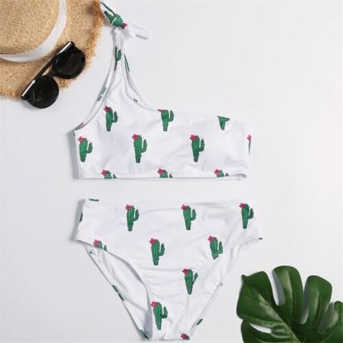 Swimsuit Female Sexy 2020 Cactus Bikini Printed Swimwear Woman High Waist Padded One Shoulder Swimming Bathing Suit Two Piece