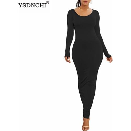 YSDNCHI Fashion Womens Clothing Sexy Party Pencil Dresses Bodycon Elegant Lady Club Long Sleeve Casual Vestidos Solid Color