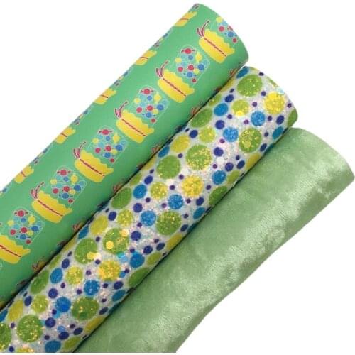 Polka Dots Printed Chunky Glitter Fabric Bubble Gum Bottle Printed Faux Leather Felt Backing Green Velvet Fabric 21X29CM 6S73
