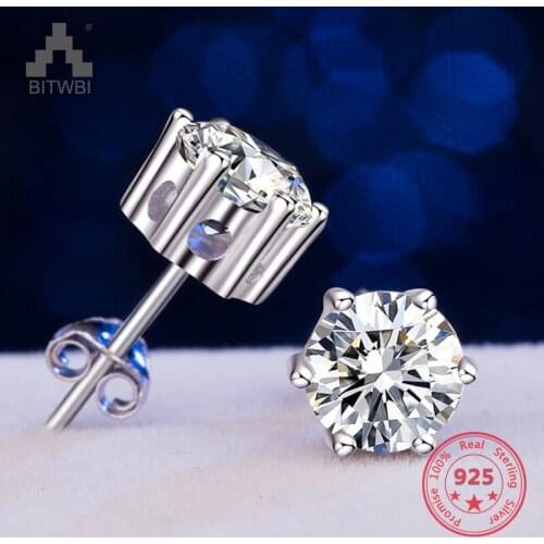 925 Sterling Silver Stud Earrings Zircon Classic Six-Prong Diamond Earrings for Men and Women Fashion Sale