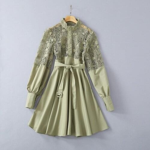 European and American womens clothing spring 2021 new Long sleeve lantern sleeve collar hollowing Fashion Green Dress