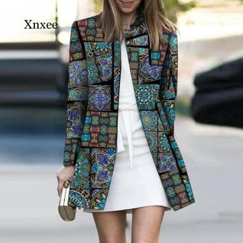 Womens Retro Clothing Splicing Printing Mid-Length Woolen Jacket Autumn Coat Bohemian Style 2020 Elegant Clothing Female Cloth