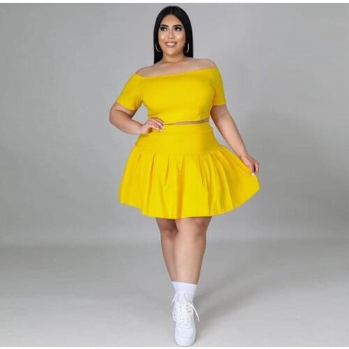 XL-5XL Large Size Two Piece Dress Set Summer Tracksuit for Women Slash Neck Short Sleeve Crop Top and Pleated Mini Skirt Suits