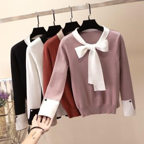2020 New Autumn Winter Sweater Knitted Pullover Long Sleeve Bow tie Knitwear Fashion Slim Casual Women Jumper Pull Femme P536