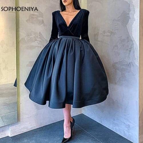New Arrival Navy Blue Long sleeve evening dresses V Neck Evening gowns for women abendkleider 2021 avondjurk Evening dress short