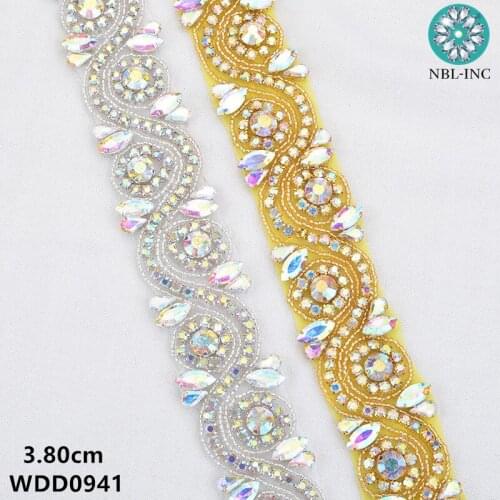 10 yards )Bridal beaded gold AB crystal Rhinestone Applique Trim iron on for wedding dress rhinestone applique belt WDD0941