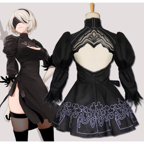 2019 Halloween Costumes Nier Automata Yorha 2B Cosplay Suit Anime Women Outfit Disguise Costume Set Fancy Party Black Dress +Wig