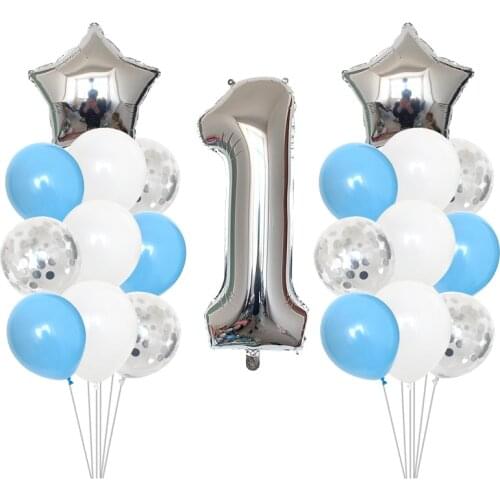21pc 1st Happy Birthday Blue Silver Balloons Foil Number Balloons Banner First Baby Boy Party Decorations My 1 One Year Supplies