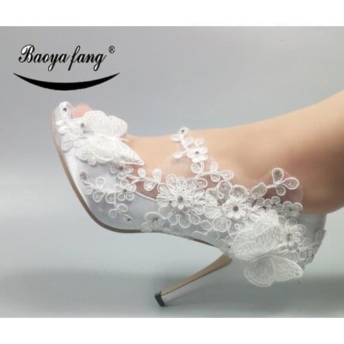 BaoYaFang Womens wedding shoes New arrival Peep Toe white Flower shoes Ladies party dress shoes woman 8cm/10cm High shoes