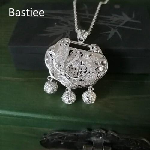 Bastiee 999 Sterling Silver Jewelry Baby Pendant Fish Mean Strong Vitality Birth Gift Lock Kids Hmong Handmade Luxury Necklace