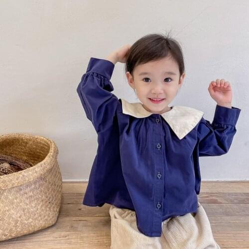 2021 childrens autumn new girls' Autumn Korean large lapel embroidered long sleeve shirt girls blouse