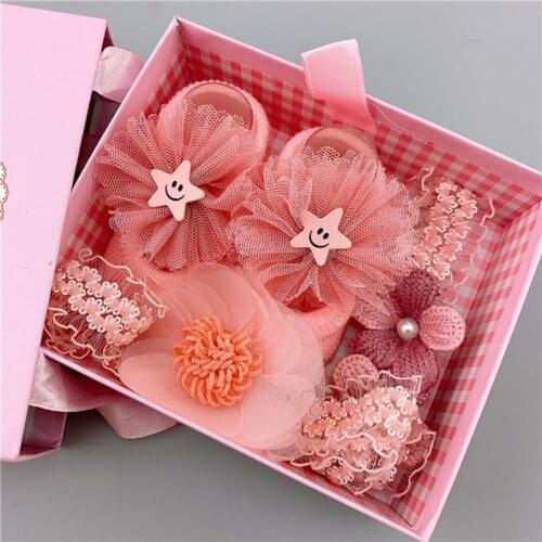 Baby Headbands + Socks 3Pcs Set Kids Newborn Baby Cartoon Socks Anti-slip Sock Shoes Bowknots Floor Slipper Socks baby gift box