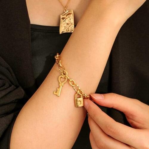 Gothic Gold Color Stainless Steel Chain Key Lock Charm Bracelets For Women Punk Padlock Bracelet Jewelry