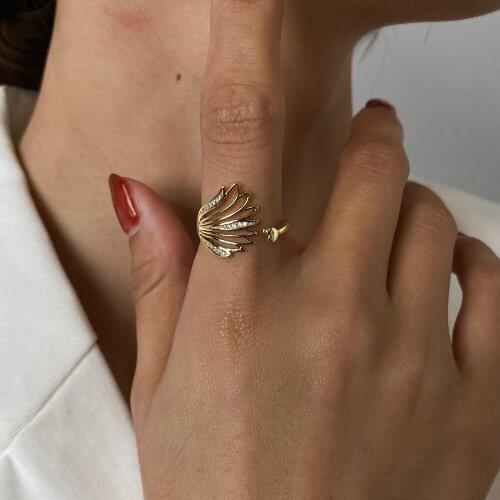 Individuality Creativity Hollow Feather Micro Inlay Zircon Rings For Women New Design Heart Open Wing Ring 2021 Trend Jewelry