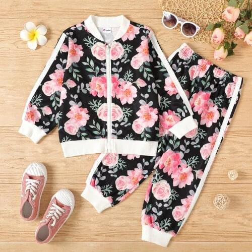 PatPat 2-piece Toddler Girl Floral Print Zipper Jacket and Elasticized Pants Casual Set