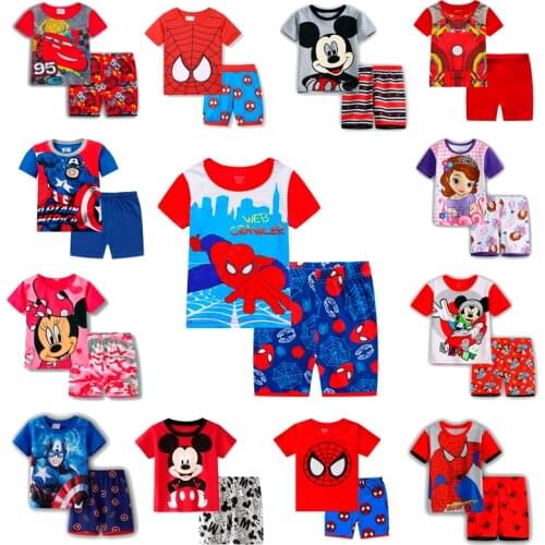 Summer Pajamas Sleepwear Children Short Sleeve Sleepwear Spiderman Cars Mickey Boys Cartoon Pyjamas Girl Clothing Nightwears Set