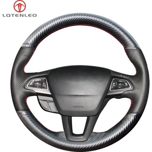 LQTENLEO Carbon Fiber Black Leather Car Steering Wheel Cover For Ford Focus 3 2014-2018 Kuga Escape C-MAX Ecosport 2015-2019
