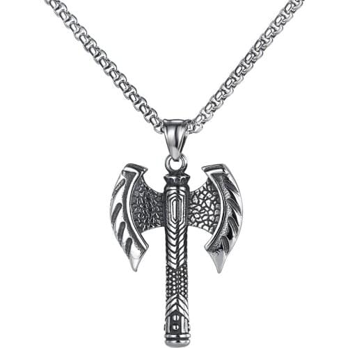 FATE LOVE Fashion Jewelry Male Men Axe Labrys Statement Necklaces Pendants Stainless Steel Box Chain Party Gift