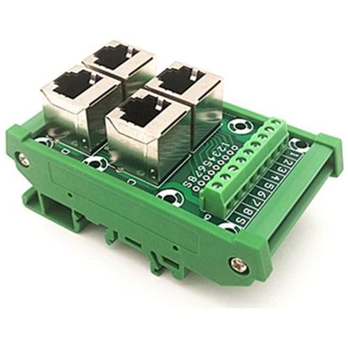 DIN Rail Mount RJ45 Module,RJ45 8P8C Jack 4-Way Buss Breakout Board, Terminal Block, Connector