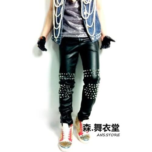 Hot Sale Mens Fashion New Ds Stage Intensive Rivet High Quality Slim Leather Pants Trousers Costumes / 29-34