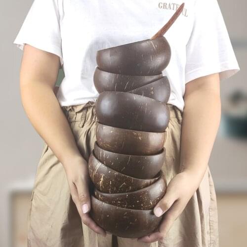 Trend Creativity Natural wood coconut tableware wood spoon dessert salad rice bowl shell bowl set handmade crafts coconut shell