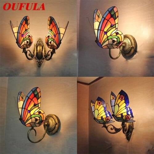 OUFULA Tiffany Wall Lights Sconces Contemporary LED Butterfly Lamp Indoor Fixture For Home Decoration