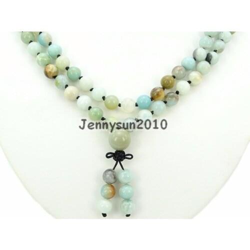 Natural Multi-Colored Amazonite 8mm Gems Stone Buddhist 108 Beads Prayer Mala Knot Necklace Multi-Purpose 5Strands/Pack
