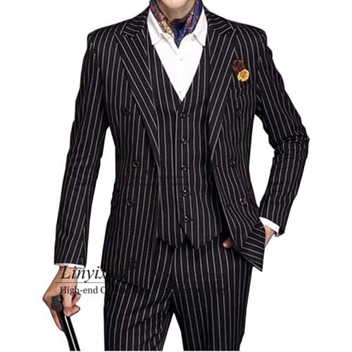 2020 New Slim Fit Mens Suit Set 3 Piece Double-breasted Wedding Groomman Pinstripe Notched Lapel Tuxedos Blazer+Veat+Pants