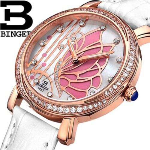 Genuine Luxury Switzerland BINGER Brand Women sapphire dress watch ladies slim leather strap butterfly series waterproof table