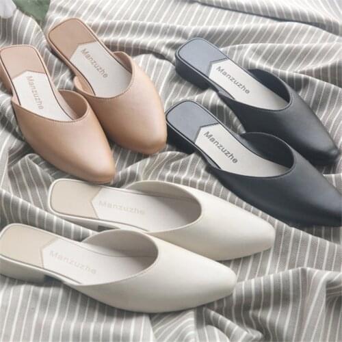 Casual Cover Pointed Toe Slippers Fashion Half Slippers Women Shoes Summer Leisure Flat Slip On Ladies Mules Female Retro Shoes