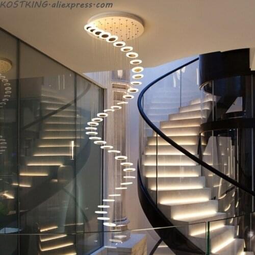 Modern lights rotating LED staircase chandelier living room hanging lamp Nordic restaurant duplex villa interior lighting