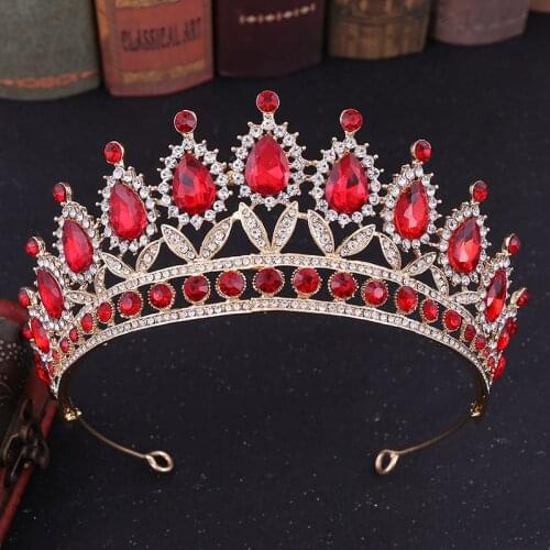 Wedding Crown Bridal Gold Princess Crown Bride Baroque Headband Red Blue Green Crystal Tiara and Crowns Diadem Head Hair Jewelry