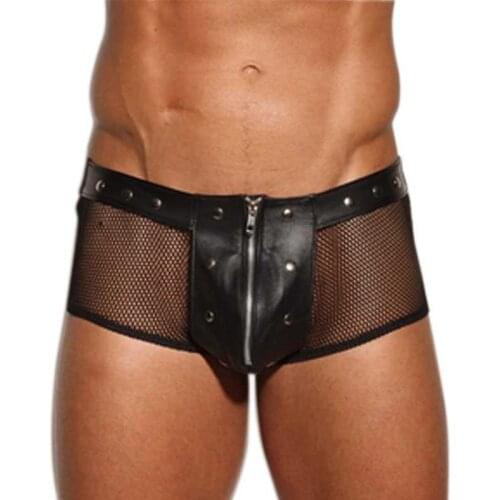 Mens Underpants Black Faux Leather Boxer Shorts Men Punk Transparent Fishnet Lingerie Hot Zip Open Front Underwear Gay Panties