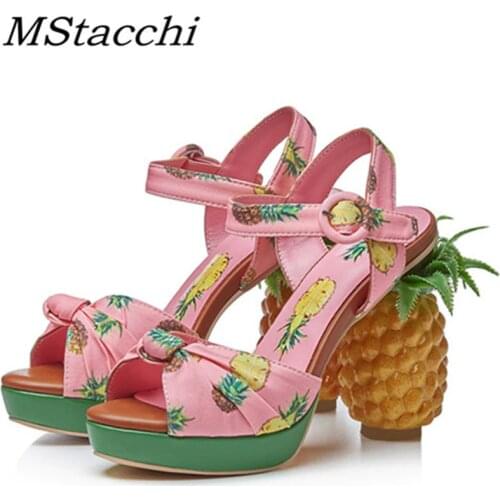 MStacchi Peep Toe High-heeled Shoes Fashion Pineapple Fruit Women Heels Genuine Leather Buckle Party Sandals Woman Novelty Shoes