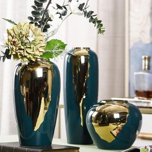 Vintage Ceramics Gold Green Vase Simple Insert Crafts Ornaments Modern Home Living Room Desktop Flower Arrangement