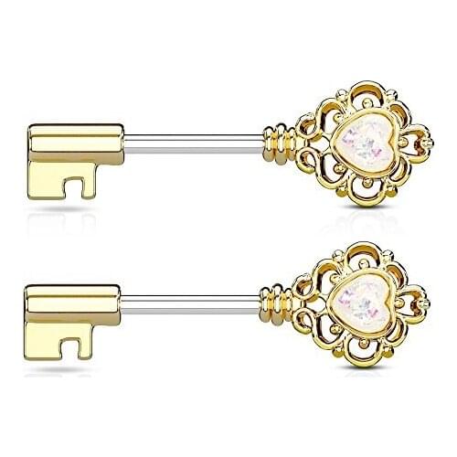 Vintage Filigree Key with Opal Glitter Heart Nipple Barbells in 316L Stainless Steel - Sold as a Pair