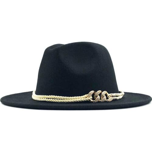 Felt Black Wool Jazz Fedora Hats Belt Buckle Decor Women Unisex Wide Brim Panama Trilby Cowboy Cap Sunhat