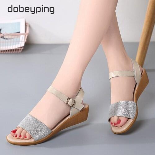 Dobeyping 2020 Summer Womens Flats Sandals Leather Female Wedges Shoes Breathable Beach Woman Sandals Bling Ladies Sandalia