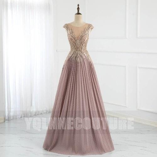 Dusty Pink Long Evening Dresses Dubai Stones Beading Pleated Formal Women Party Gown Sleeveless YQLNNE